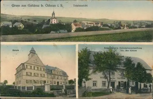 Ansichtskarte Gahlenz-Oederan 3 Bild: Totale, Schule, Colonialwaren 1912