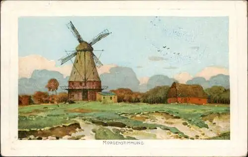 Windmühlen Windmill Morgenstimmung 1914  gel. Kaiser. Marine Wangerooge Stempel