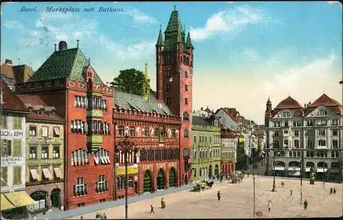 Ansichtskarte Basel Marktplatz mit Rathaus. 1912