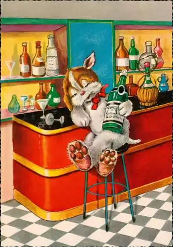 Ansichtskarte  Scherzkarte Humor-Karte: Hund besoffen an der Theke 1970