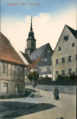 Ansichtskarte Oederan Partie Unterstadt mit Frau u. Einkaufskorb coloriert 1910