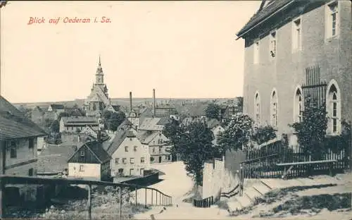 Ansichtskarte Oederan Blick auf Straße, Stadt und Fabrik 1916