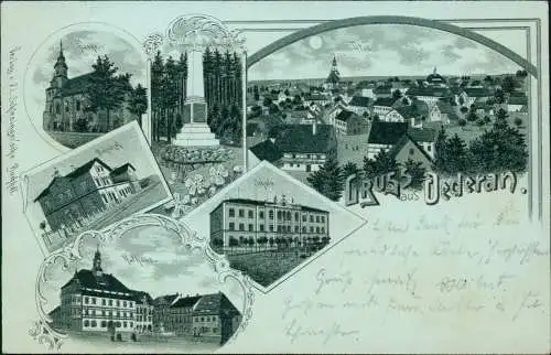 Ansichtskarte Oederan Mondcheinlitho Bahnhof Kirche, Schule Gruss aus... 1898