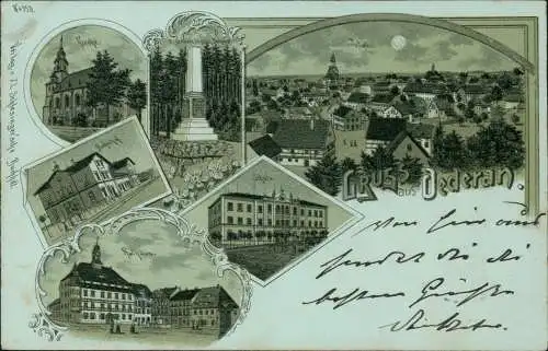 Ansichtskarte Oederan Mondscheinlitho Kirche, Totale, Denkmal, Bahnhof 1899