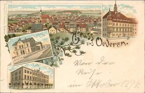 Ansichtskarte Litho AK Oederan MB: Bahnhof, Schule, Totale Gruss aus... 1898