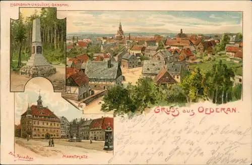 Ansichtskarte Oederan 3 Bild Litho: Denkmal, Stadt, Markt 1901