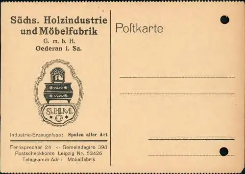 Oederan Werbe Drucksache Sächs Holzindustrie u. Möbelfabrik 1929