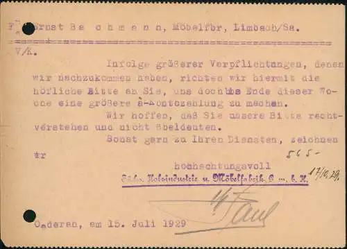 Oederan Werbe Drucksache Sächs Holzindustrie u. Möbelfabrik 1929