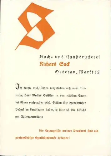 Oederan Werbekarte Druckerei Richard Sack 1932