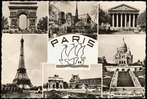 Paris Mehrbild-AK Stadtteilansichten u.a. La Tour Eiffel und Notre-Dame. 1960