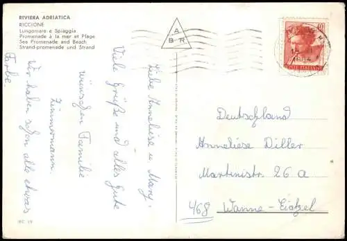 Cartoline Riccione RIVIERA ADRIATICA Strand Sea Promenade and Beach 1964