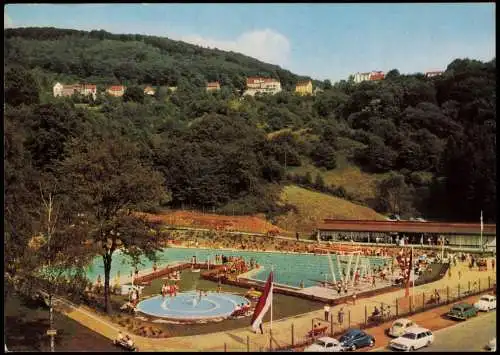 Ansichtskarte Lindenfels (Bergstraße) Ortsansicht, Freibad, Schwimmbad 1968