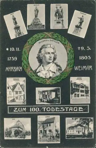 Ansichtskarte  100. Todestag Denkmäler und Stationen Marbach Weimar 1907