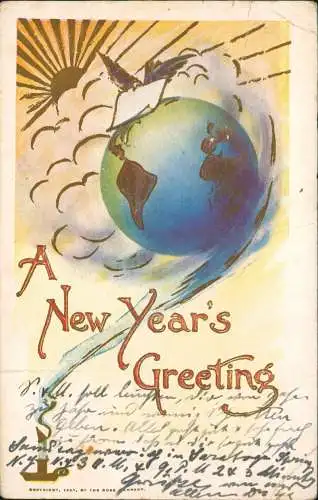 Neujahr Sylvester New Year USA Weltkugel Goldsonne 1907 Goldrand
