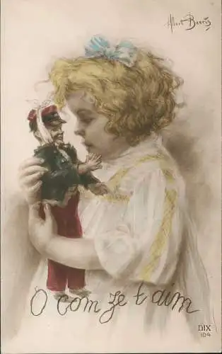 Kinder Künstlerkarte Mädchen mit Silzeug Soldat Frankreich 1915