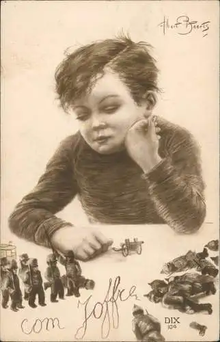 Ansichtskarte  Kinder Künstlerkarte Junge Spielzug Soldaten com Joffre 1915