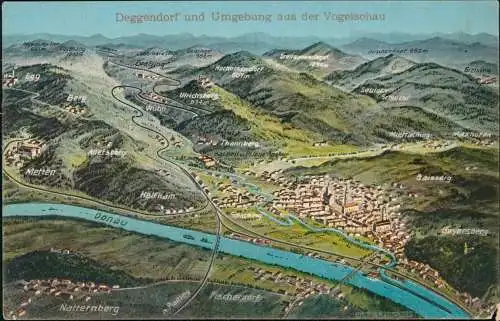 Ansichtskarte Deggendorf Umgebung aus der Vogelschau Eugen Felle Isny 1908