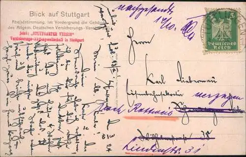 Ansichtskarte Stuttgart Abendstimmung Dt. Versicherungsverein - Stadt 1924