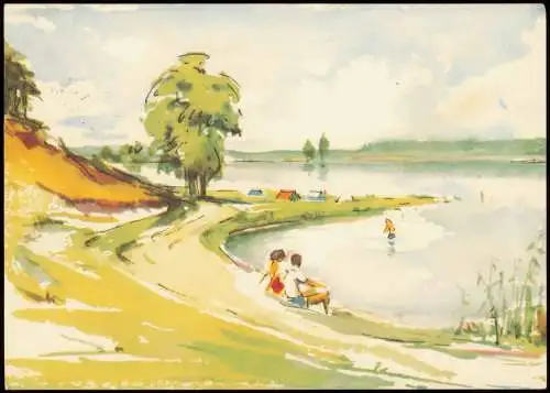 HERZLICHE PFINGSTGRÜSSE DDR-Karte Motiv: Landschaft an einem See/Teich 1963