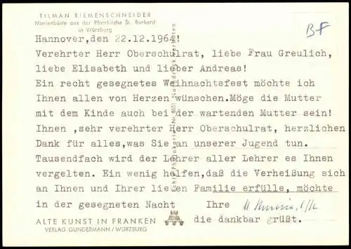 Ansichtskarte Würzburg Marienbüste aus der Pfarrkirche St. Burkard 1964