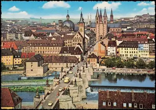 Würzburg Alte Mainbrücke und Blick auf Dom, Neumünster und Grafen-Eckardt 1970