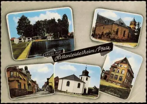 Hettenleidelheim GRUSS AUS  Pfalz u.a. Freibad, Kirche, Luitpoldschule 1960