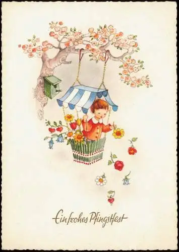 Glückwunsch Grusskarte Pfingsten Motiv: Kind mit Blumen auf Baum-Schaukel 1960
