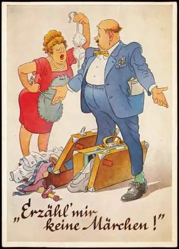 Erzähl'mir keine Märchen! Scherzkarte Wütende Ehefrau mit Ehemann 1967