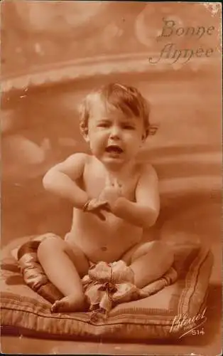 Ansichtskarte  Neujahr Sylvester New Year Kind auf Kissen Bonne Année 1912
