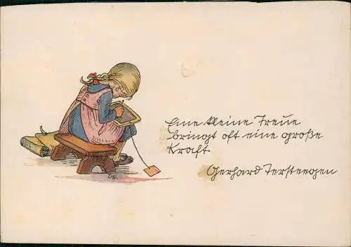 Kinder Künstlerkarte Mädchen mit Tafel Künstlerkarte Bertha Heller 1925