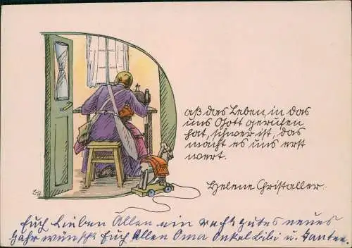 Mütter beim nähen in der Nähstube Künstlerkarte Bertha Heller 1928