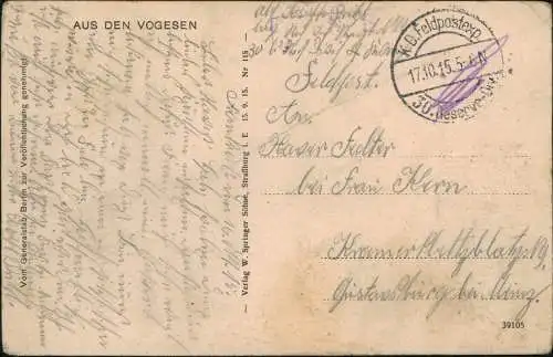 .Frankreich Vosges Vogesen - WK 1 Militaria Soldaten Stadt 1915 Feldpoststempel