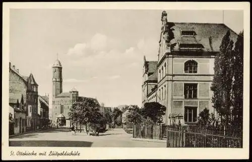 Ansichtskarte Bamberg St. Ottokicche mit Luitpoldschule, Straße 1953