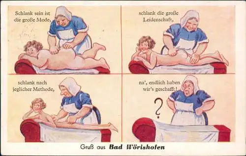 Bad Wörishofen 4 Bild Scherzkarte - Frau wird schlank massiert 1958