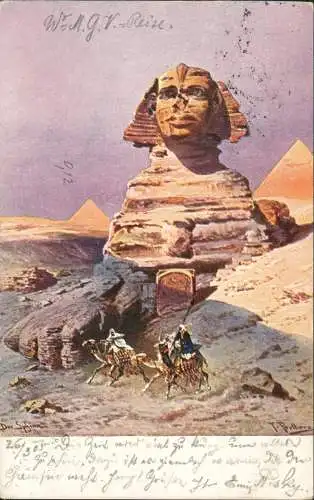 Giseh Gizeh الجيزة Sphinx von Sakkara, Reiter Künstlerkarte 1901  gel. Egypt