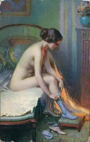 Erotik (Nackt - Nude) Frau kleidet sich an D. ENJOLRAS. Le bas mauve. 1912