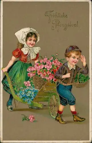 Glückwunsch: Pfingsten Kinder mit Schubkarre voller Blumen 1912 Goldrand