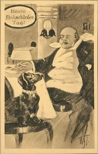 Ansichtskarte  Scherzkarte Heute fleischloser Tag. Mann und Hund 1919