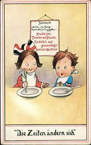 Scherzkarte Patriotika Kinder leerer Teller "Die Zeiten ändern sich" 1915