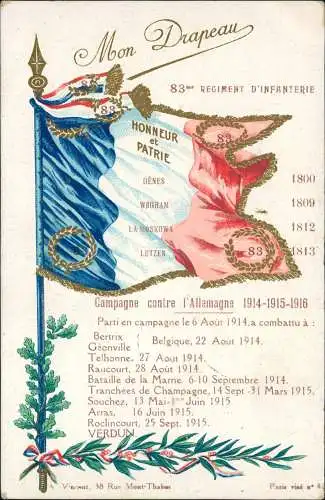 .Frankreich Patriotika France 83 REGIMENT D'INFANTERIE Mon Drapeau 1916