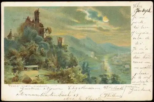 Ansichtskarte  Stimmungsbild: Burg am Fluß bei Mondschein 1902