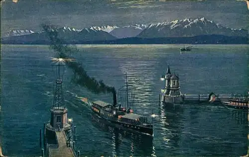 Ansichtskarte Konstanz Hafen Dampfer bei Nacht Mondschein 1914