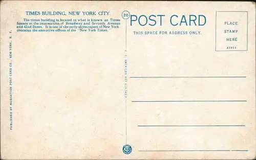 Postcard Manhattan-New York City Times Building, Hochhaus Skyscraper 1929