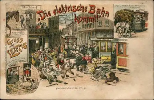 Litho AK Leipzig Gruss aus Straßenbahn Cafe Felsche Mockau 1899