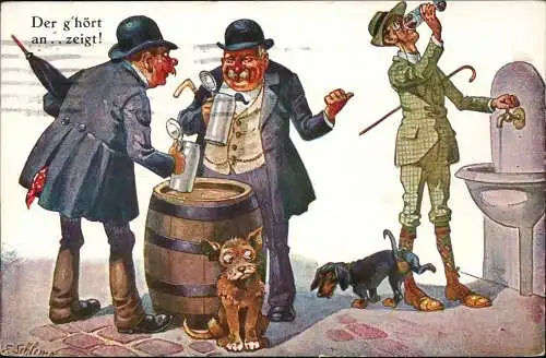 München Scherz Künstlerkarte trinkende Männer Hofbräuhaus 1928