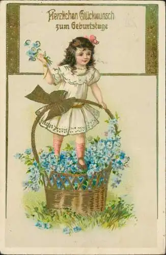 Glückwunsch Geburtstag Birthday Mädchen auf Korb mit Feilchen 1916 Goldrand