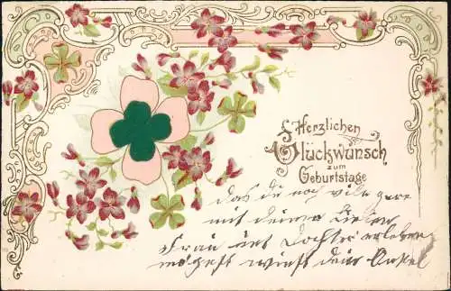 Glückwunsch Geburtstag Birthday Rocaille Kleeblätter 1903 Prägekarte