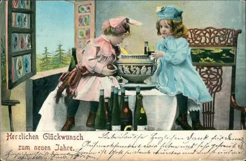 Ansichtskarte  Neujahr Sylvester New Year Frau und Kind machen Bowle 1905
