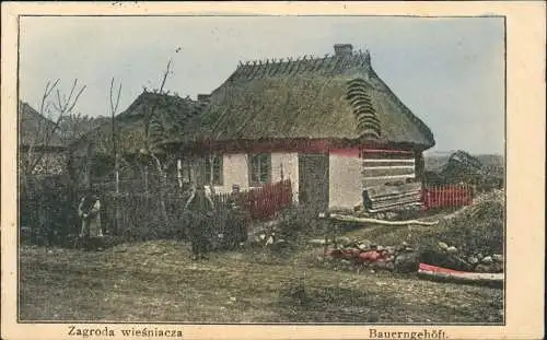 Polen Polska  Zagroda wieśniacza Bauerngehöft. 1915  gel. Feldpoststempel