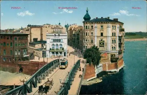 Postcard Posen Poznań Walischeibrücke. Apotheke Straßenbahn 1914